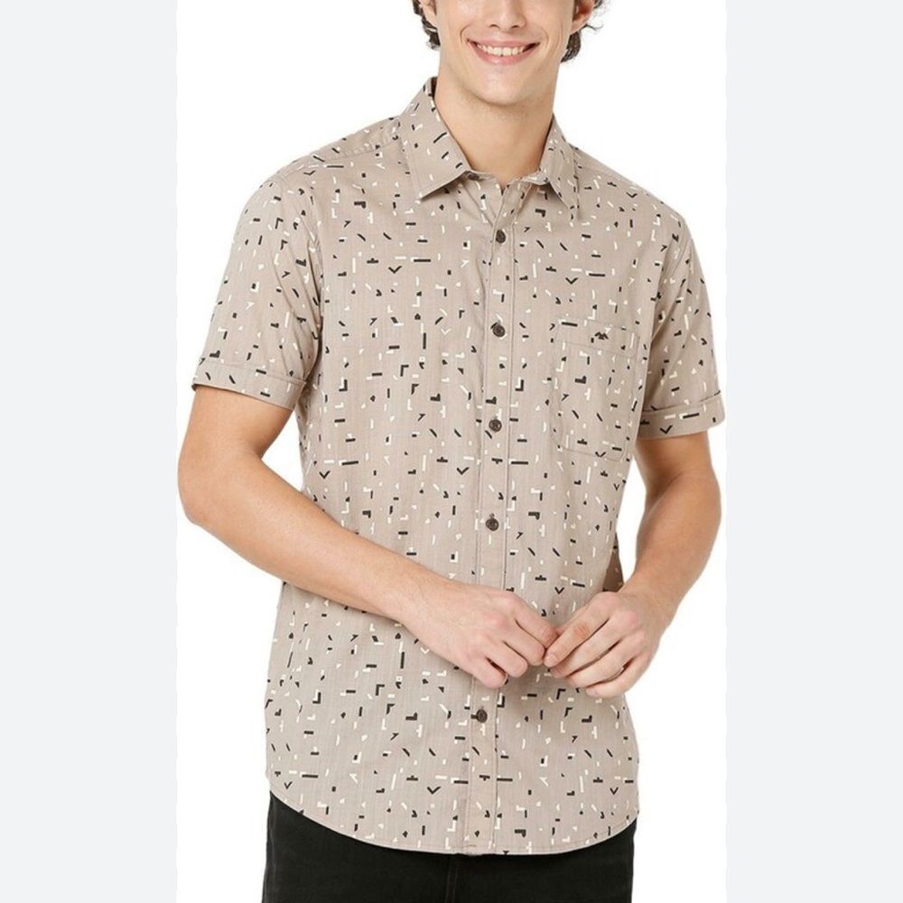 Mufti Light Khaki Abstract Print Slim Fit Casual Shirt Men’s Medium